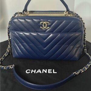 Chanel Navy Chevron Leather Medium Trendy Bowling Top Handle